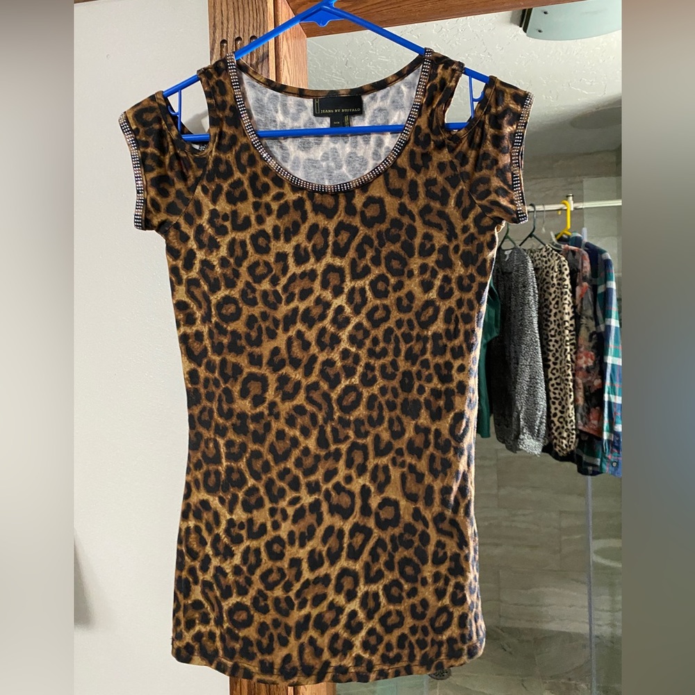Leopard stretch top with rhinestone detail